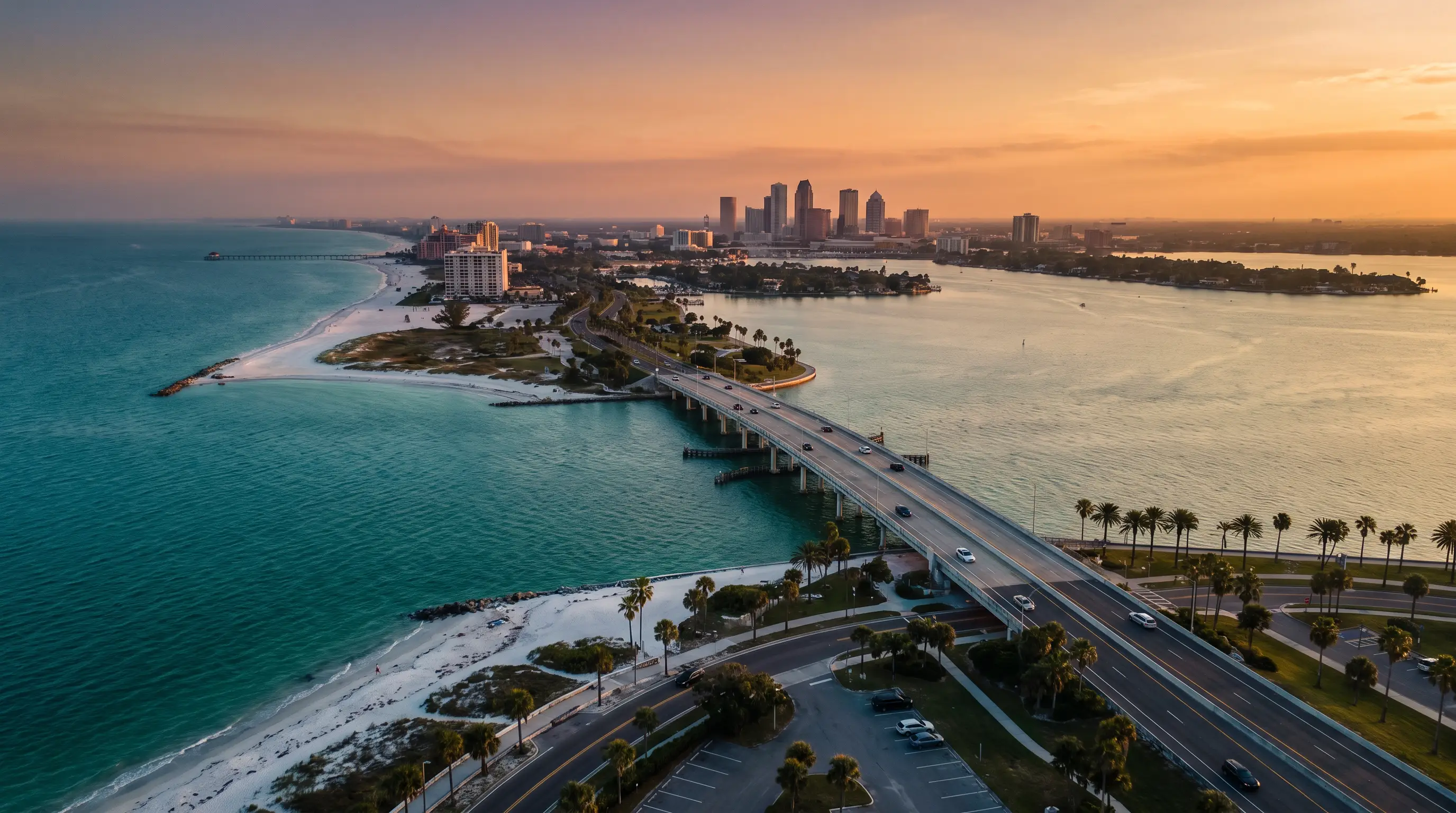 Aerial view of the Tampa Bay and Clearwater, Florida coastline at golden hour