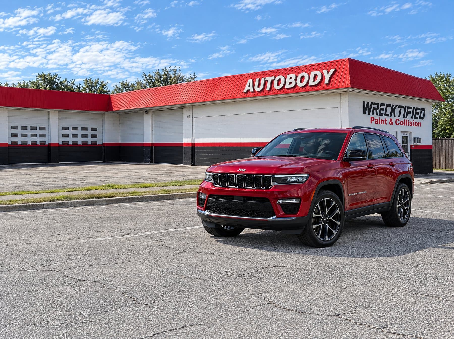 A Jeep Grand Cherokee parked at Wrecktified Paint & Collision in Clearwater, FL