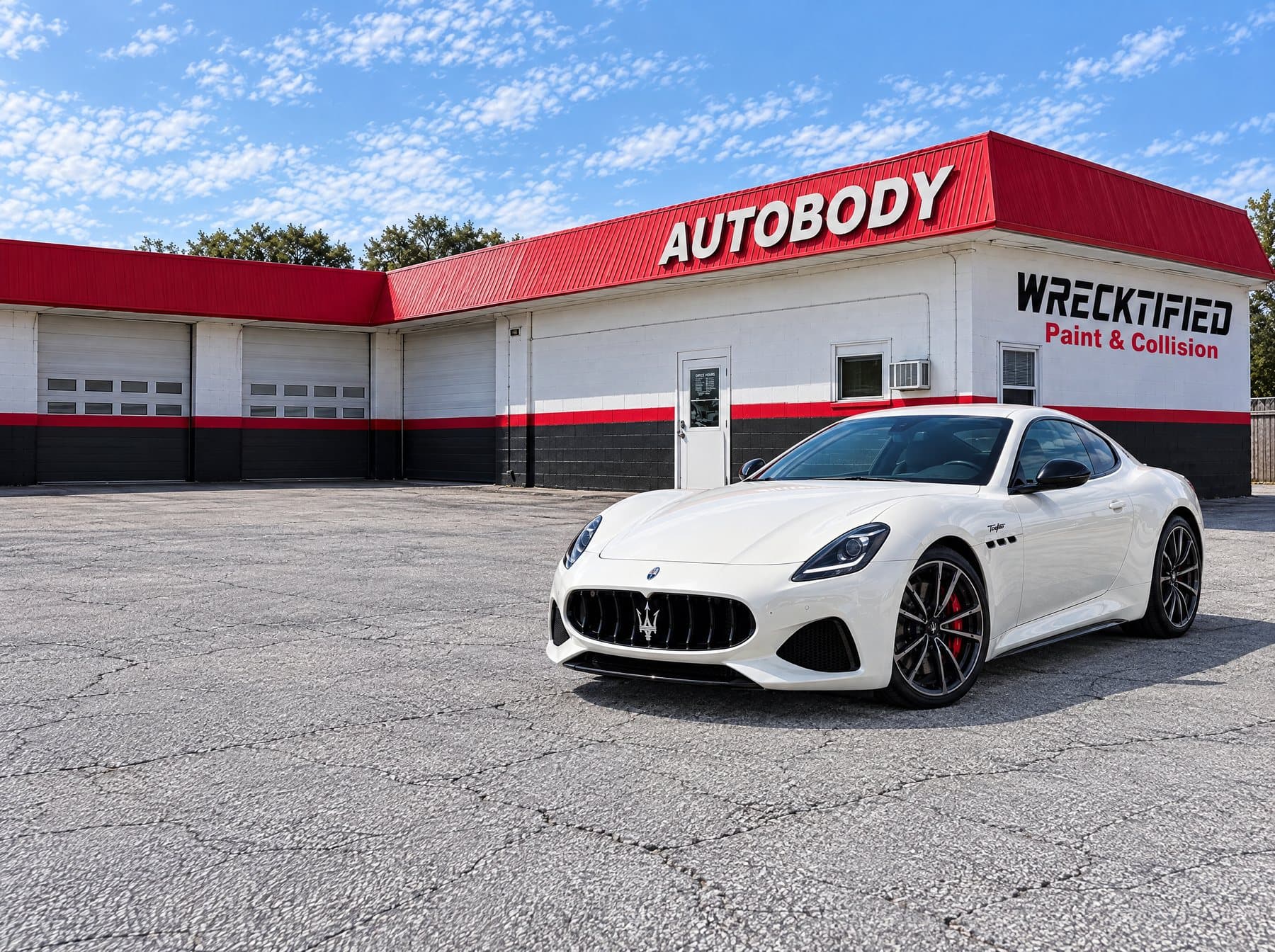 A Maserati GranTurismo parked at Wrecktified Paint & Collision in Clearwater, FL