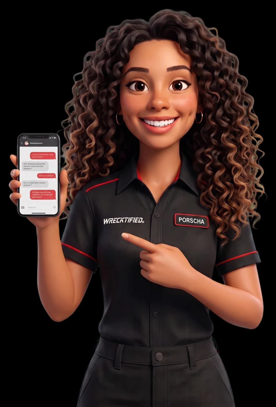 Porscha, the Wrecktified Smart Assistant, holding up her phone to show a chat
