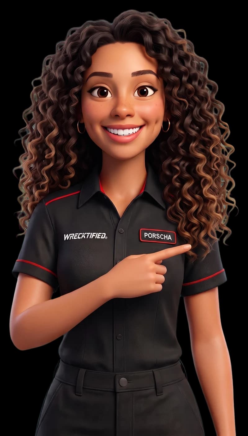 Porscha, an animated character in Wrecktified's black uniform, pointing at the chat