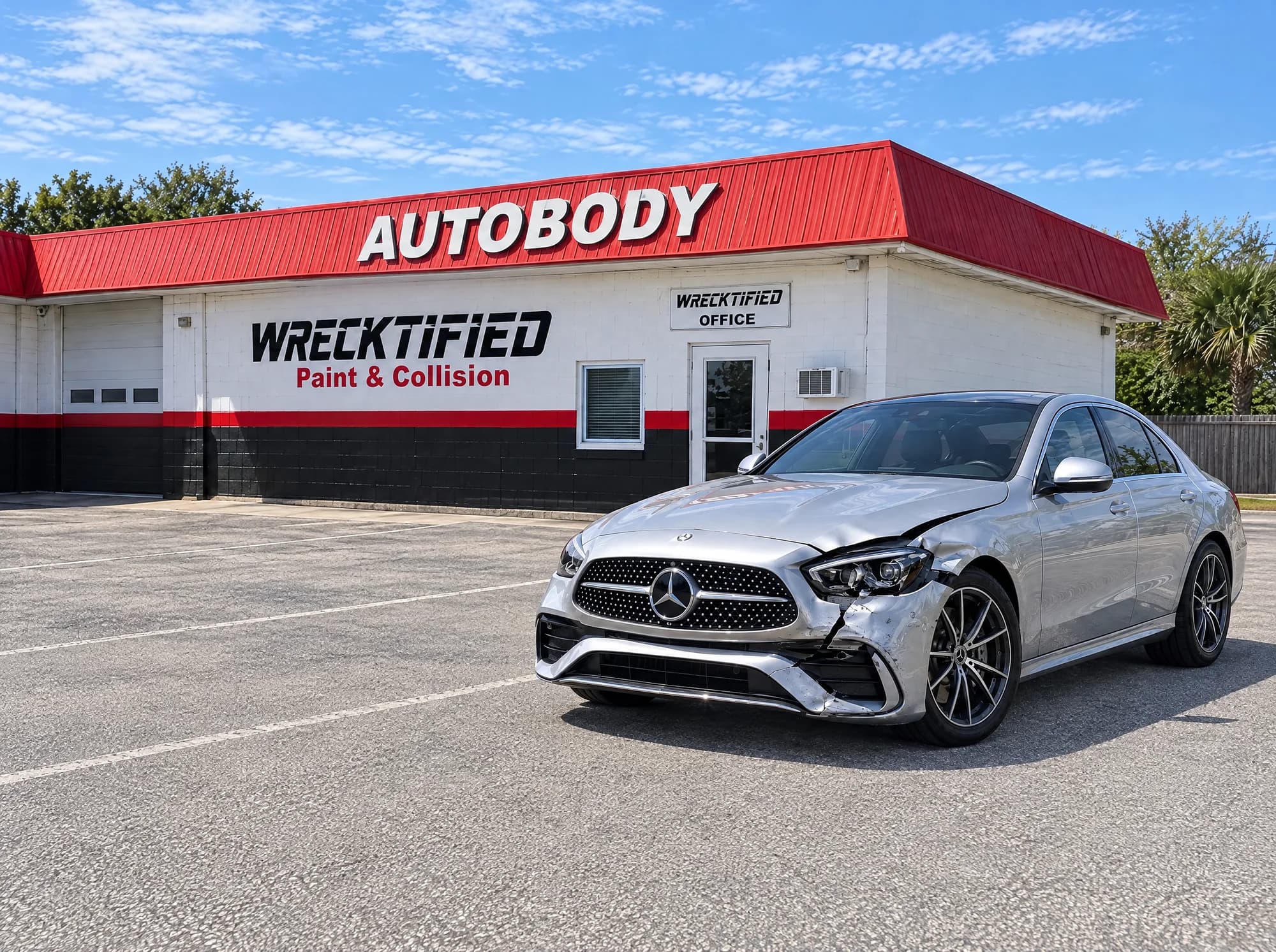 A Mercedes-Benz sedan with front-corner collision damage outside Wrecktified Paint & Collision in Clearwater, FL